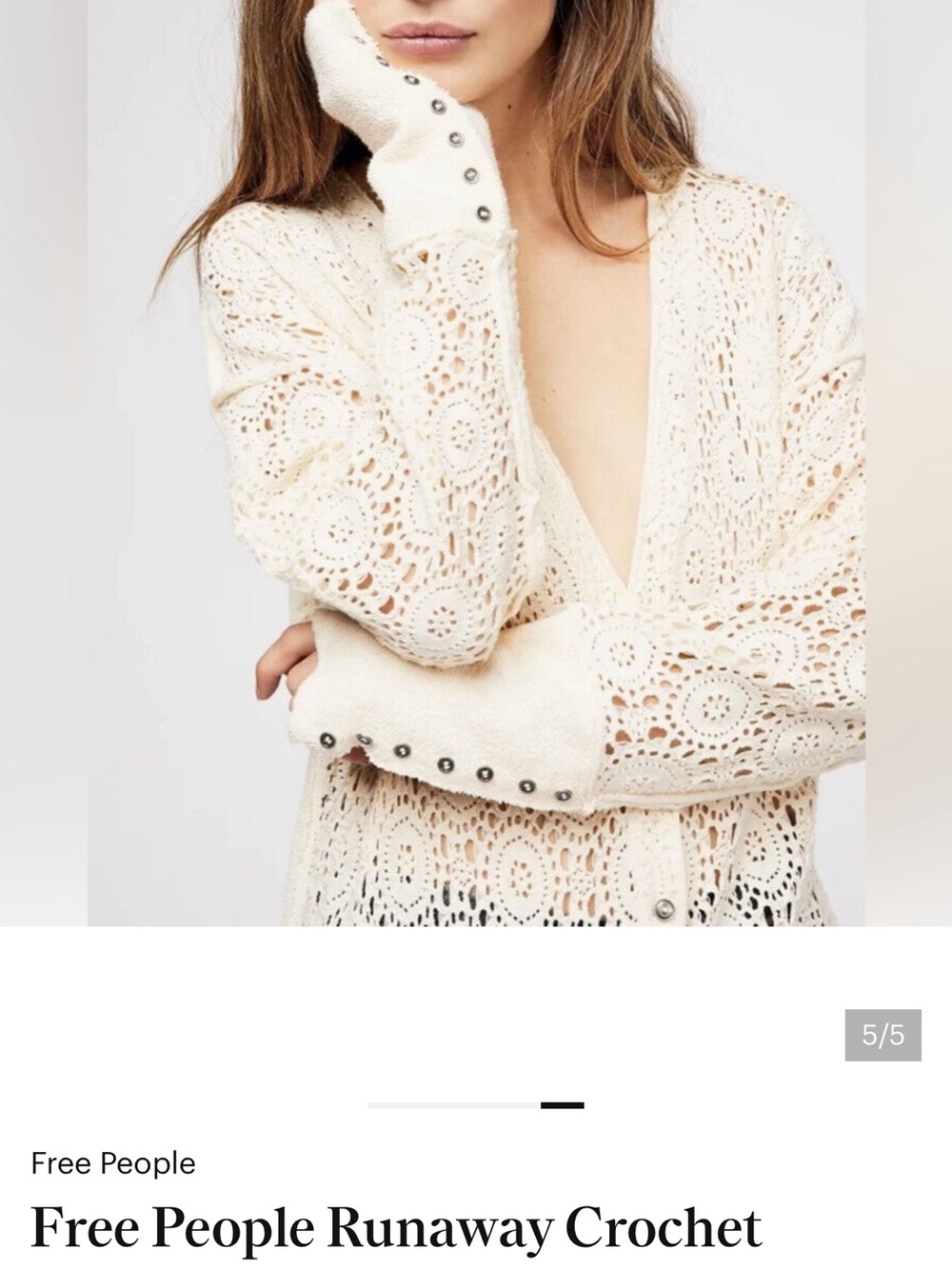 Free People Crochet V-Neck Button Cuff Sweater - Cream